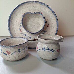 3 Piece Signed Studio Pottery Chip or Veggie Dip Server & 2 Bowls